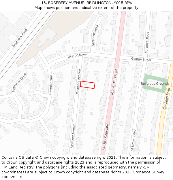 15, ROSEBERY AVENUE, BRIDLINGTON, YO15 3PW: Location map and indicative extent of plot