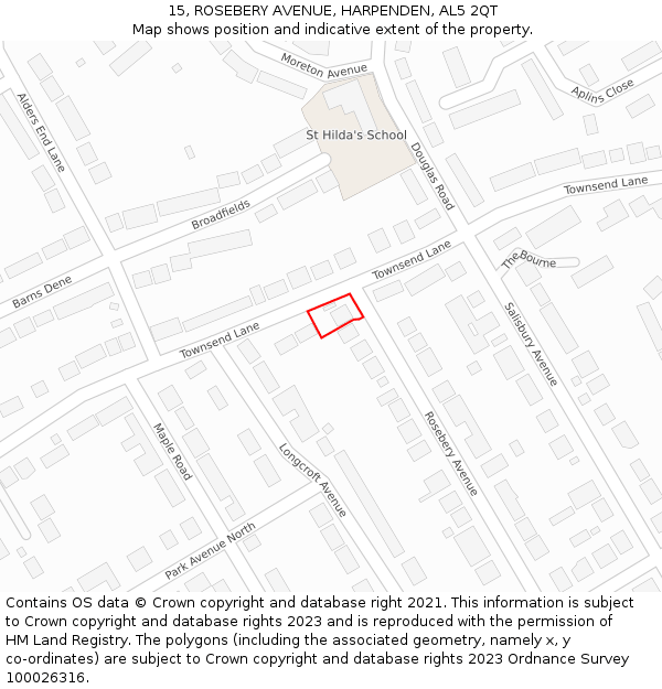 15, ROSEBERY AVENUE, HARPENDEN, AL5 2QT: Location map and indicative extent of plot