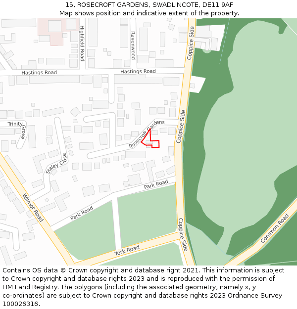 15, ROSECROFT GARDENS, SWADLINCOTE, DE11 9AF: Location map and indicative extent of plot