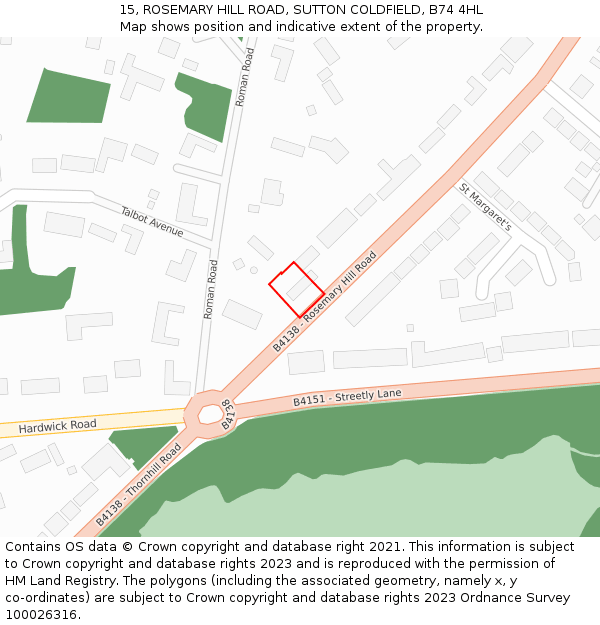 15, ROSEMARY HILL ROAD, SUTTON COLDFIELD, B74 4HL: Location map and indicative extent of plot