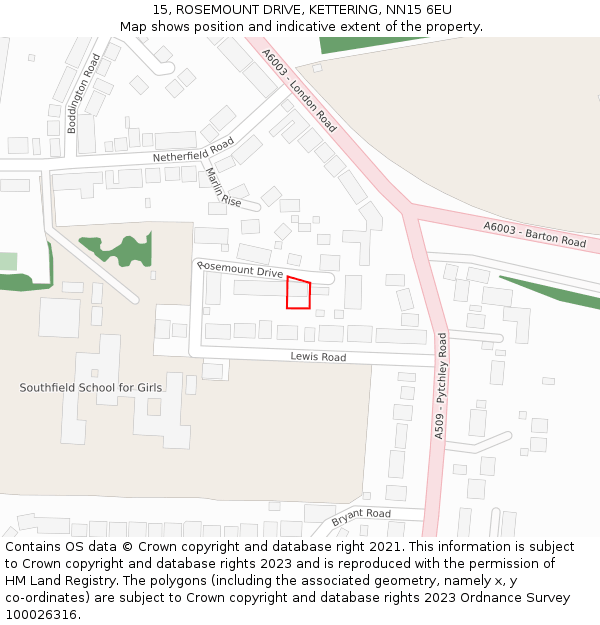 15, ROSEMOUNT DRIVE, KETTERING, NN15 6EU: Location map and indicative extent of plot