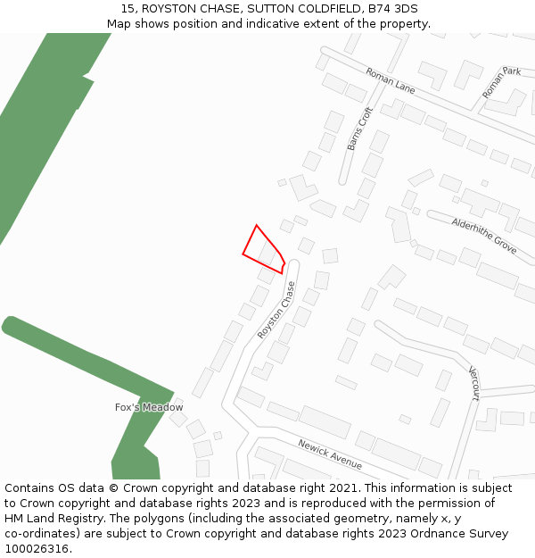 15, ROYSTON CHASE, SUTTON COLDFIELD, B74 3DS: Location map and indicative extent of plot