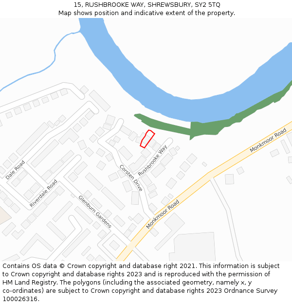 15, RUSHBROOKE WAY, SHREWSBURY, SY2 5TQ: Location map and indicative extent of plot