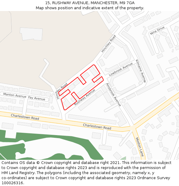 15, RUSHWAY AVENUE, MANCHESTER, M9 7GA: Location map and indicative extent of plot
