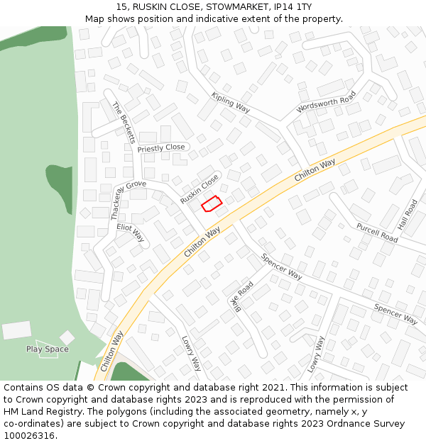 15, RUSKIN CLOSE, STOWMARKET, IP14 1TY: Location map and indicative extent of plot