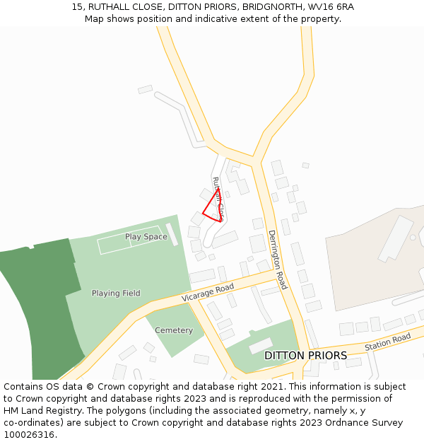 15, RUTHALL CLOSE, DITTON PRIORS, BRIDGNORTH, WV16 6RA: Location map and indicative extent of plot