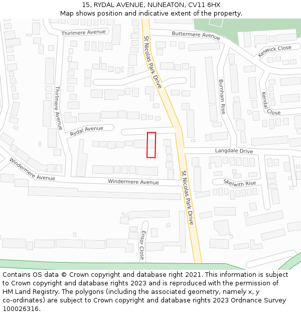 15, RYDAL AVENUE, NUNEATON, CV11 6HX: Location map and indicative extent of plot