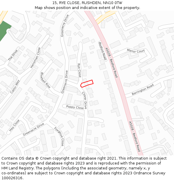 15, RYE CLOSE, RUSHDEN, NN10 0TW: Location map and indicative extent of plot