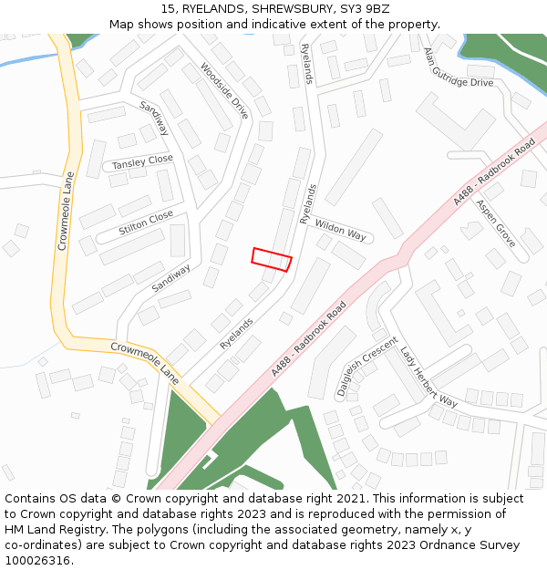 15, RYELANDS, SHREWSBURY, SY3 9BZ: Location map and indicative extent of plot