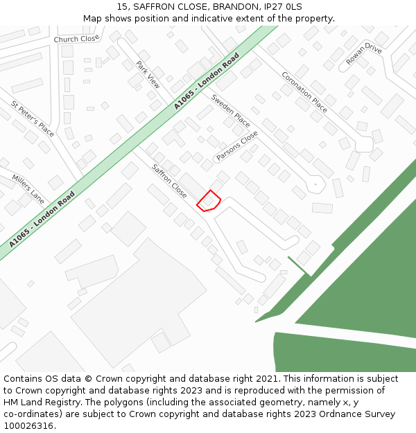 15, SAFFRON CLOSE, BRANDON, IP27 0LS: Location map and indicative extent of plot