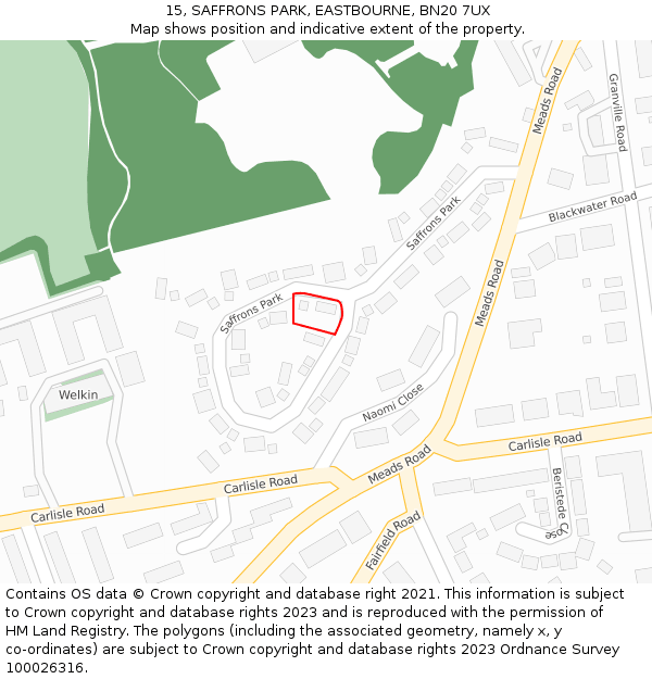 15, SAFFRONS PARK, EASTBOURNE, BN20 7UX: Location map and indicative extent of plot