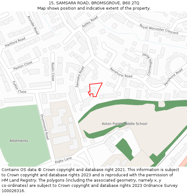 15, SAMSARA ROAD, BROMSGROVE, B60 2TQ: Location map and indicative extent of plot