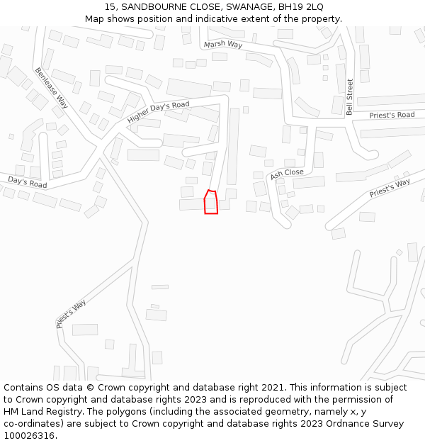 15, SANDBOURNE CLOSE, SWANAGE, BH19 2LQ: Location map and indicative extent of plot