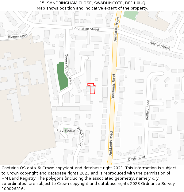 15, SANDRINGHAM CLOSE, SWADLINCOTE, DE11 0UQ: Location map and indicative extent of plot