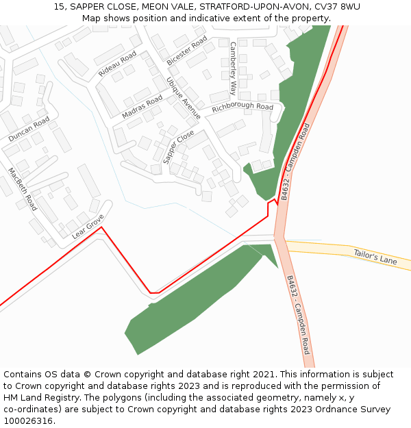 15, SAPPER CLOSE, MEON VALE, STRATFORD-UPON-AVON, CV37 8WU: Location map and indicative extent of plot