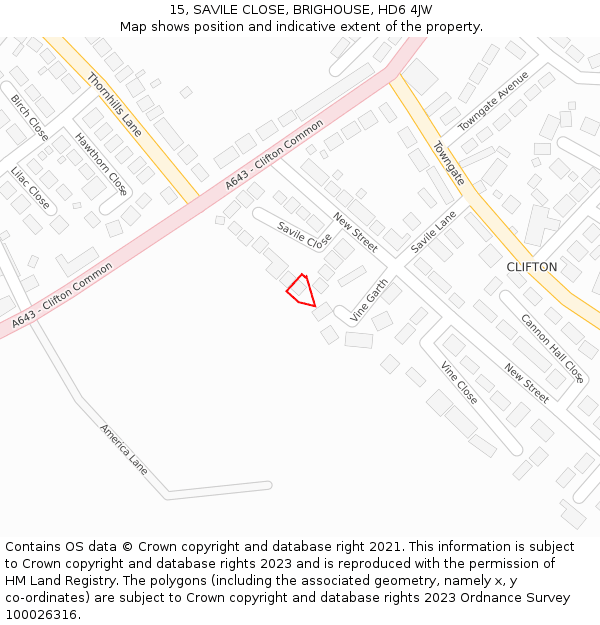 15, SAVILE CLOSE, BRIGHOUSE, HD6 4JW: Location map and indicative extent of plot