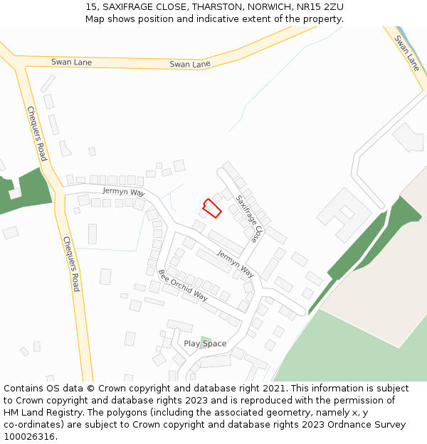 15, SAXIFRAGE CLOSE, THARSTON, NORWICH, NR15 2ZU: Location map and indicative extent of plot