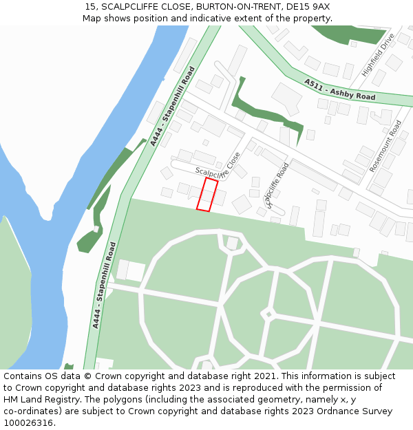 15, SCALPCLIFFE CLOSE, BURTON-ON-TRENT, DE15 9AX: Location map and indicative extent of plot