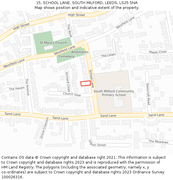 15, SCHOOL LANE, SOUTH MILFORD, LEEDS, LS25 5NA: Location map and indicative extent of plot