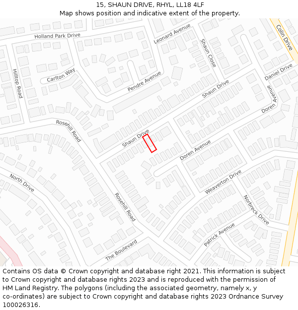 15, SHAUN DRIVE, RHYL, LL18 4LF: Location map and indicative extent of plot