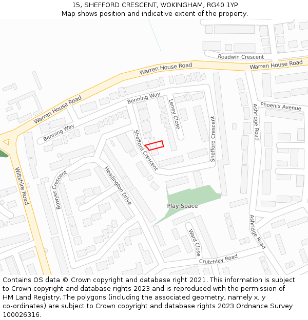15, SHEFFORD CRESCENT, WOKINGHAM, RG40 1YP: Location map and indicative extent of plot