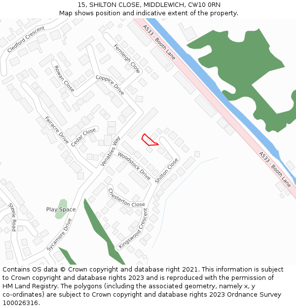 15, SHILTON CLOSE, MIDDLEWICH, CW10 0RN: Location map and indicative extent of plot