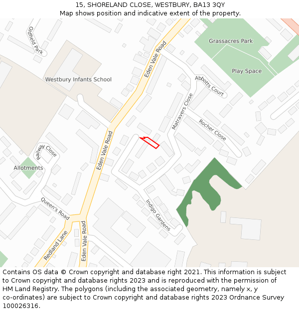 15, SHORELAND CLOSE, WESTBURY, BA13 3QY: Location map and indicative extent of plot