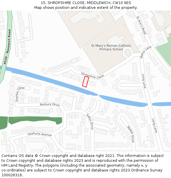 15, SHROPSHIRE CLOSE, MIDDLEWICH, CW10 9ES: Location map and indicative extent of plot