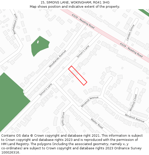 15, SIMONS LANE, WOKINGHAM, RG41 3HG: Location map and indicative extent of plot