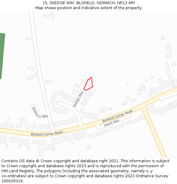 15, SKEDGE WAY, BLOFIELD, NORWICH, NR13 4RY: Location map and indicative extent of plot