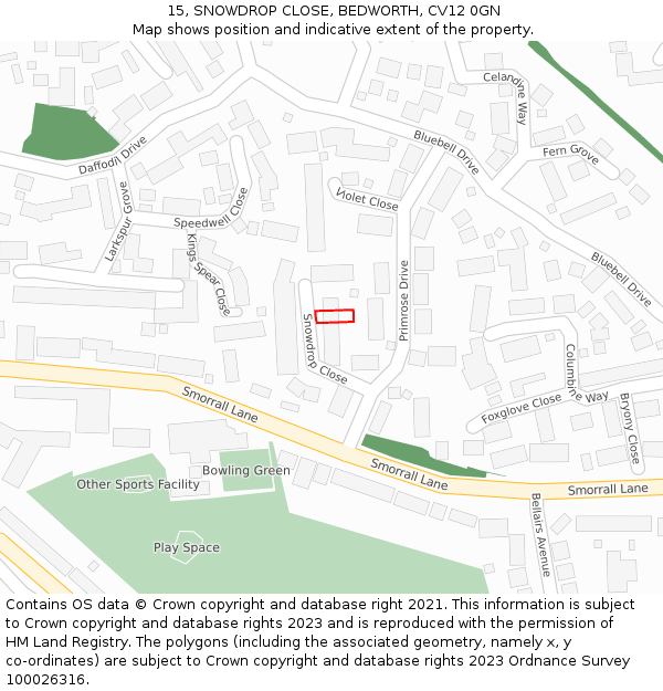 15, SNOWDROP CLOSE, BEDWORTH, CV12 0GN: Location map and indicative extent of plot