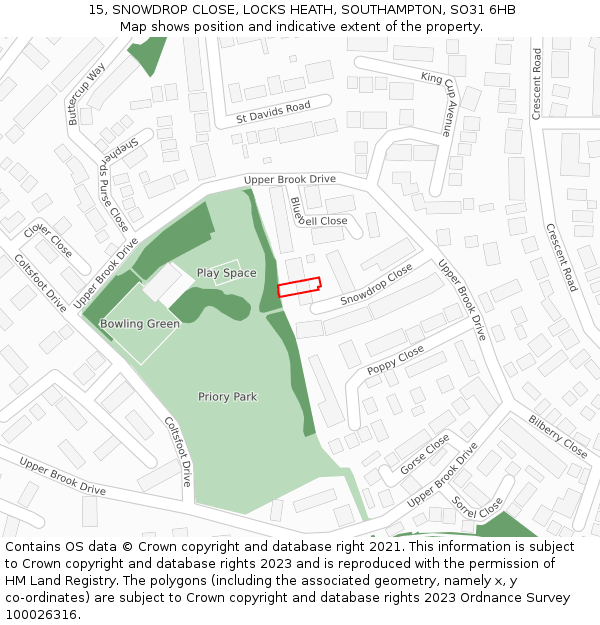 15, SNOWDROP CLOSE, LOCKS HEATH, SOUTHAMPTON, SO31 6HB: Location map and indicative extent of plot