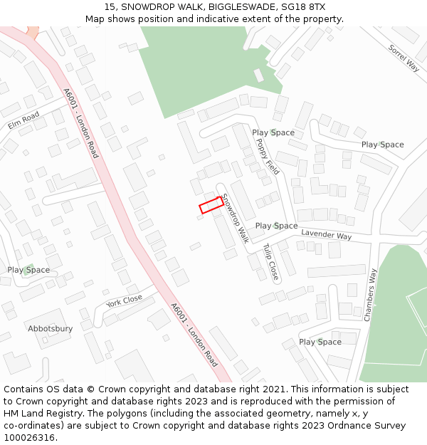 15, SNOWDROP WALK, BIGGLESWADE, SG18 8TX: Location map and indicative extent of plot