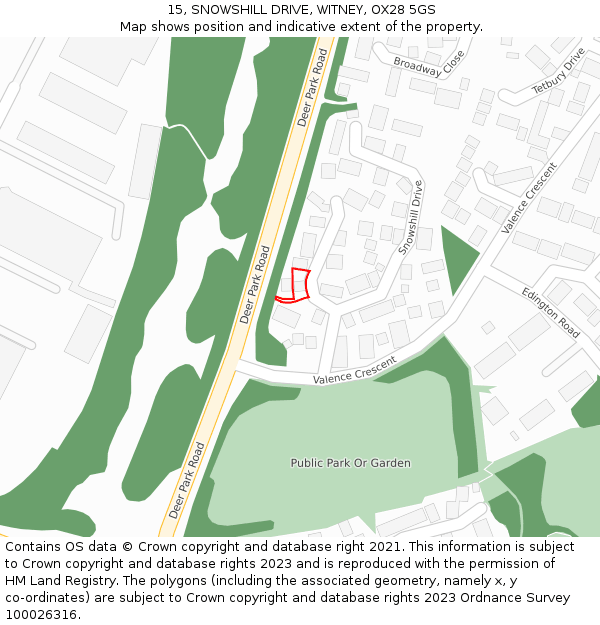 15, SNOWSHILL DRIVE, WITNEY, OX28 5GS: Location map and indicative extent of plot