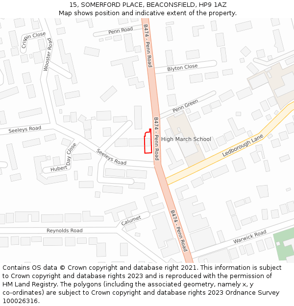 15, SOMERFORD PLACE, BEACONSFIELD, HP9 1AZ: Location map and indicative extent of plot