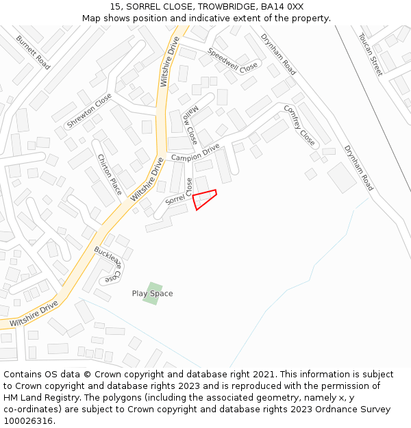 15, SORREL CLOSE, TROWBRIDGE, BA14 0XX: Location map and indicative extent of plot