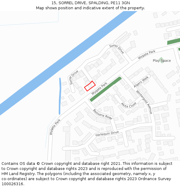 15, SORREL DRIVE, SPALDING, PE11 3GN: Location map and indicative extent of plot