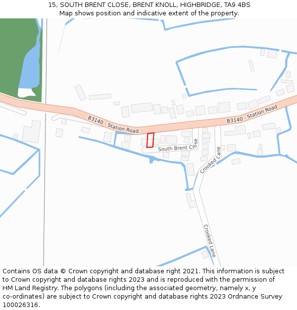 15, SOUTH BRENT CLOSE, BRENT KNOLL, HIGHBRIDGE, TA9 4BS: Location map and indicative extent of plot