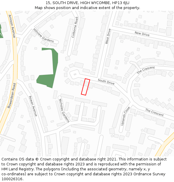 15, SOUTH DRIVE, HIGH WYCOMBE, HP13 6JU: Location map and indicative extent of plot