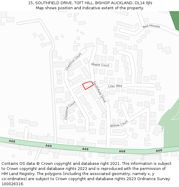 15, SOUTHFIELD DRIVE, TOFT HILL, BISHOP AUCKLAND, DL14 0JN: Location map and indicative extent of plot