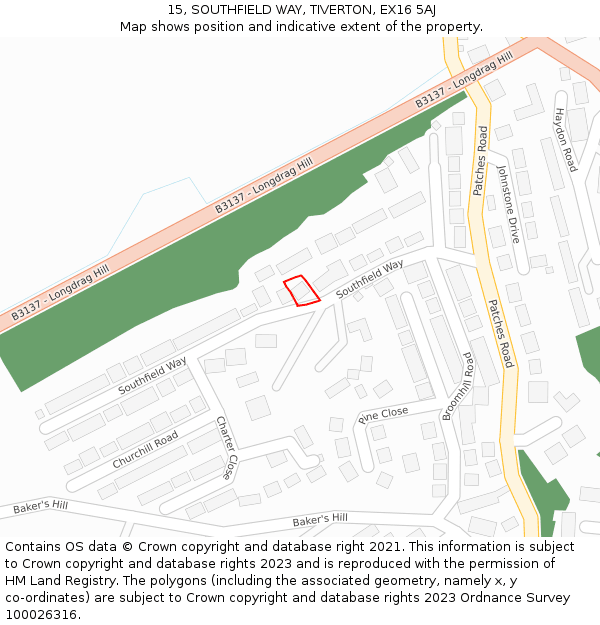 15, SOUTHFIELD WAY, TIVERTON, EX16 5AJ: Location map and indicative extent of plot