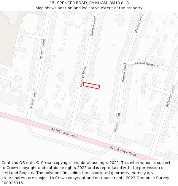 15, SPENCER ROAD, RAINHAM, RM13 8HD: Location map and indicative extent of plot