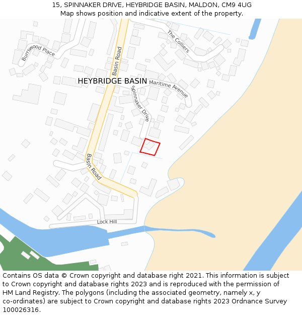 15, SPINNAKER DRIVE, HEYBRIDGE BASIN, MALDON, CM9 4UG: Location map and indicative extent of plot