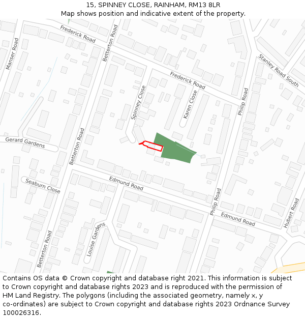 15, SPINNEY CLOSE, RAINHAM, RM13 8LR: Location map and indicative extent of plot