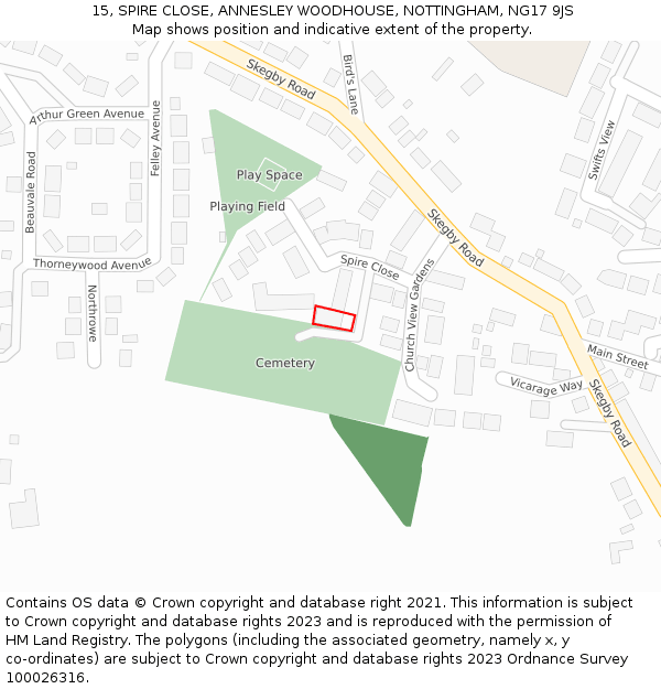 15, SPIRE CLOSE, ANNESLEY WOODHOUSE, NOTTINGHAM, NG17 9JS: Location map and indicative extent of plot