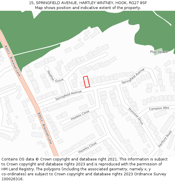 15, SPRINGFIELD AVENUE, HARTLEY WINTNEY, HOOK, RG27 8SF: Location map and indicative extent of plot