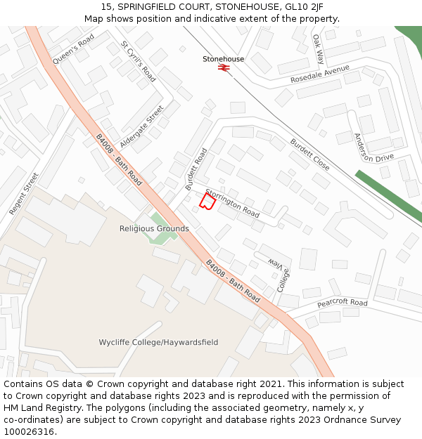 15, SPRINGFIELD COURT, STONEHOUSE, GL10 2JF: Location map and indicative extent of plot