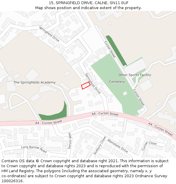 15, SPRINGFIELD DRIVE, CALNE, SN11 0UF: Location map and indicative extent of plot