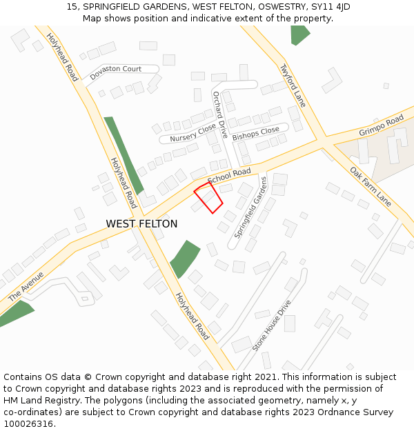 15, SPRINGFIELD GARDENS, WEST FELTON, OSWESTRY, SY11 4JD: Location map and indicative extent of plot