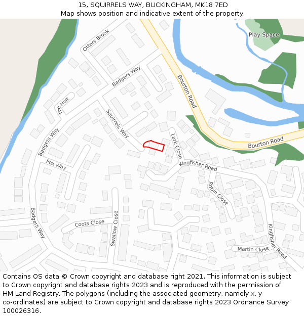 15, SQUIRRELS WAY, BUCKINGHAM, MK18 7ED: Location map and indicative extent of plot